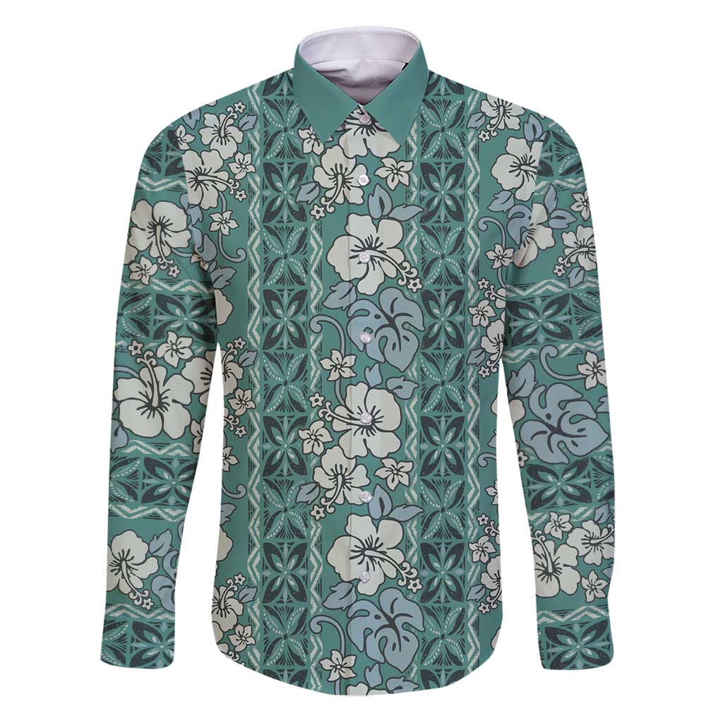 Hawaii Vintage Green Hibiscus Tapa Pattern Family Matching Puletasi and Hawaiian Shirt LT05 Dad's Shirt - Long Sleeve Green - Polynesian Pride