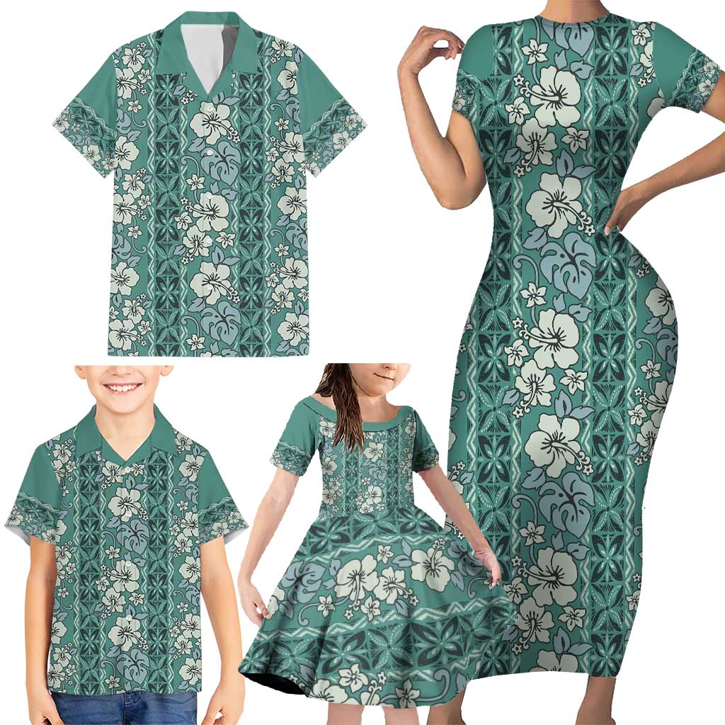 Hawaii Vintage Green Hibiscus Tapa Pattern Family Matching Short Sleeve Bodycon Dress and Hawaiian Shirt