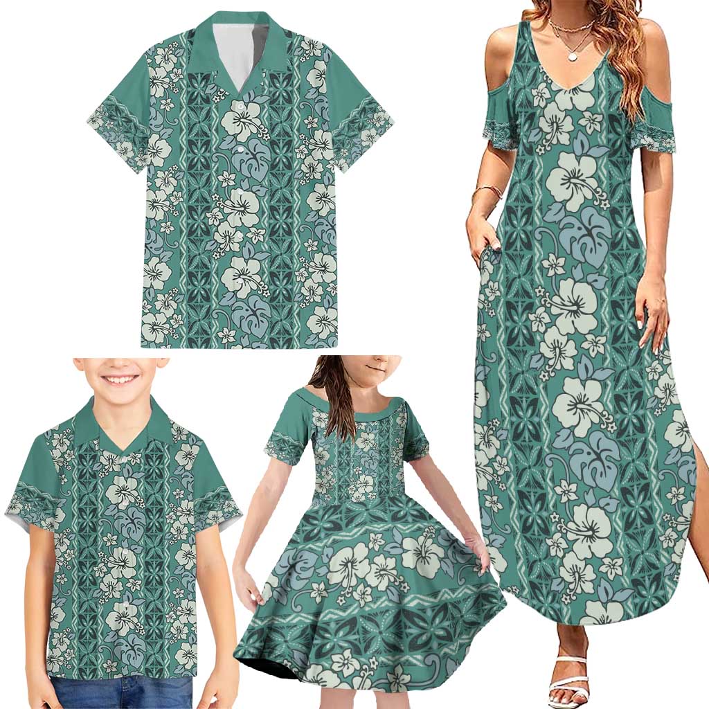 Hawaii Vintage Green Hibiscus Tapa Pattern Family Matching Summer Maxi Dress and Hawaiian Shirt