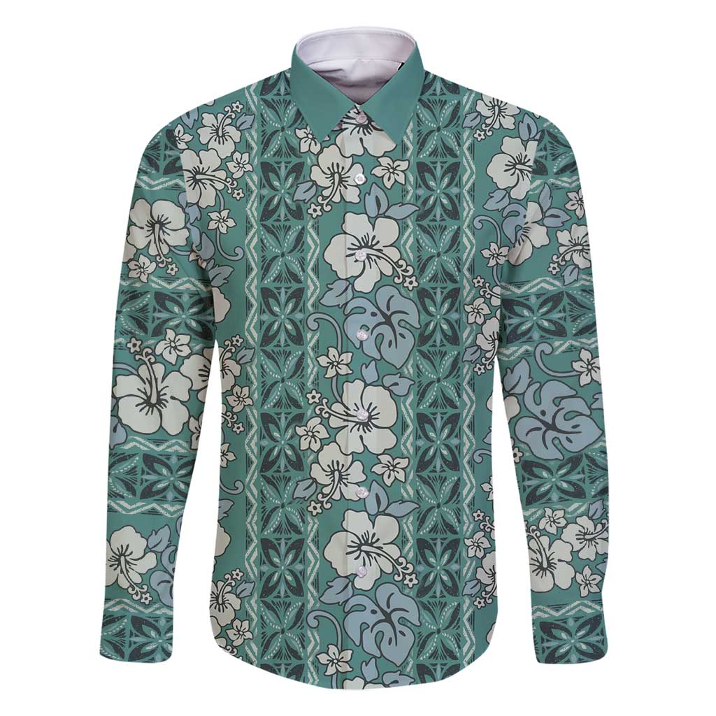 Hawaii Vintage Green Hibiscus Tapa Pattern Family Matching Summer Maxi Dress and Hawaiian Shirt LT05 Dad's Shirt - Long Sleeve Green - Polynesian Pride