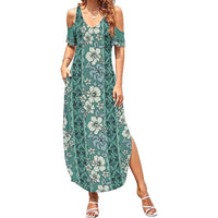 Hawaii Vintage Green Hibiscus Tapa Pattern Family Matching Summer Maxi Dress and Hawaiian Shirt LT05 Mom's Dress Green - Polynesian Pride