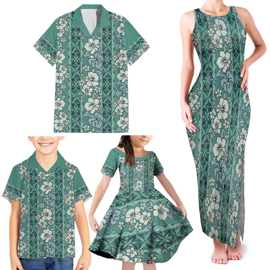 Hawaii Vintage Green Hibiscus Tapa Pattern Family Matching Tank Maxi Dress and Hawaiian Shirt