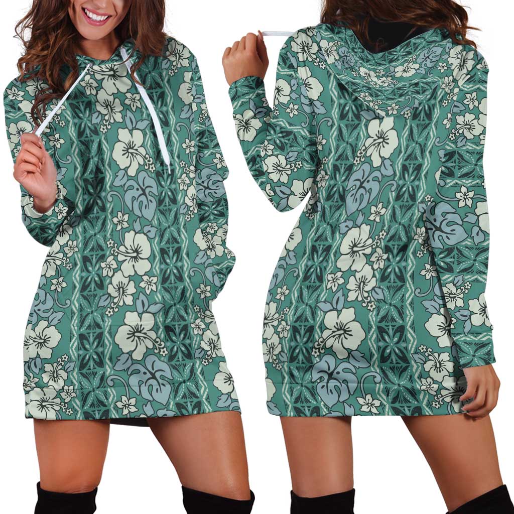 Hawaii Vintage Green Hibiscus Tapa Pattern Hoodie Dress LT05 - Polynesian Pride