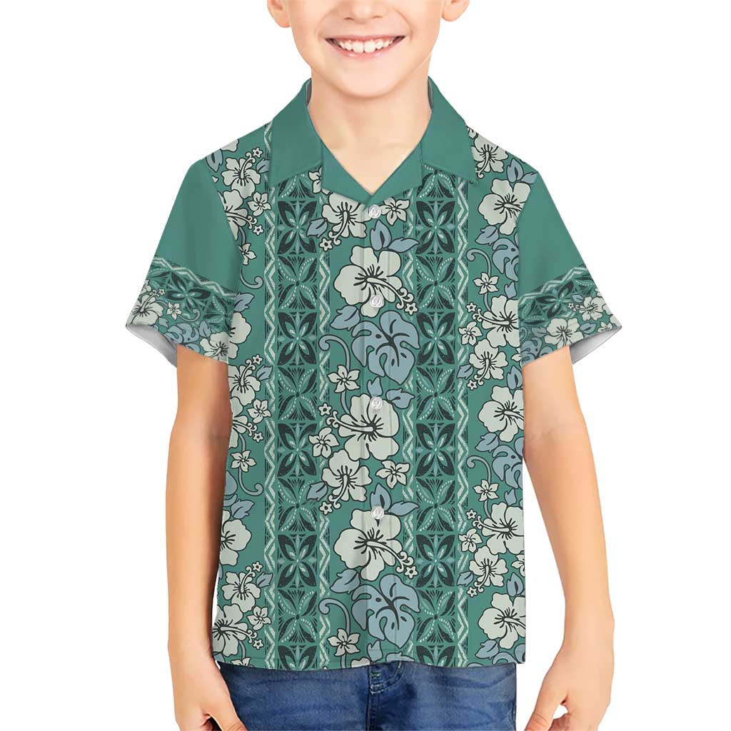 Hawaii Vintage Green Hibiscus Tapa Pattern Kid Hawaiian Shirt