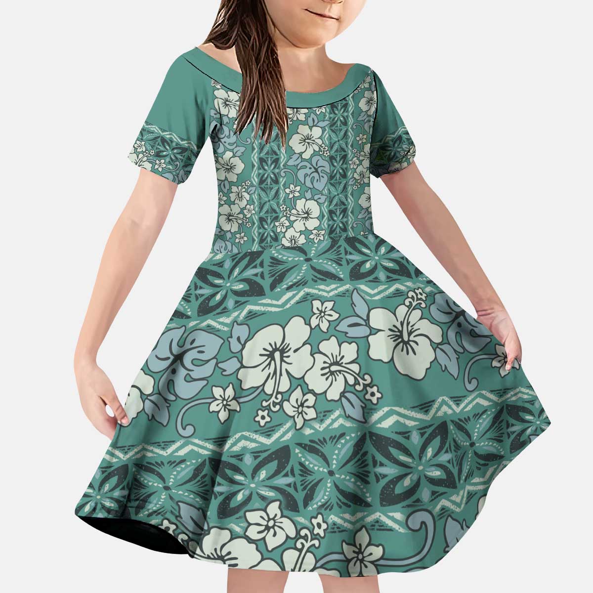 Hawaii Vintage Green Hibiscus Tapa Pattern Kid Short Sleeve Dress