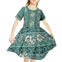 Hawaii Vintage Green Hibiscus Tapa Pattern Kid Short Sleeve Dress