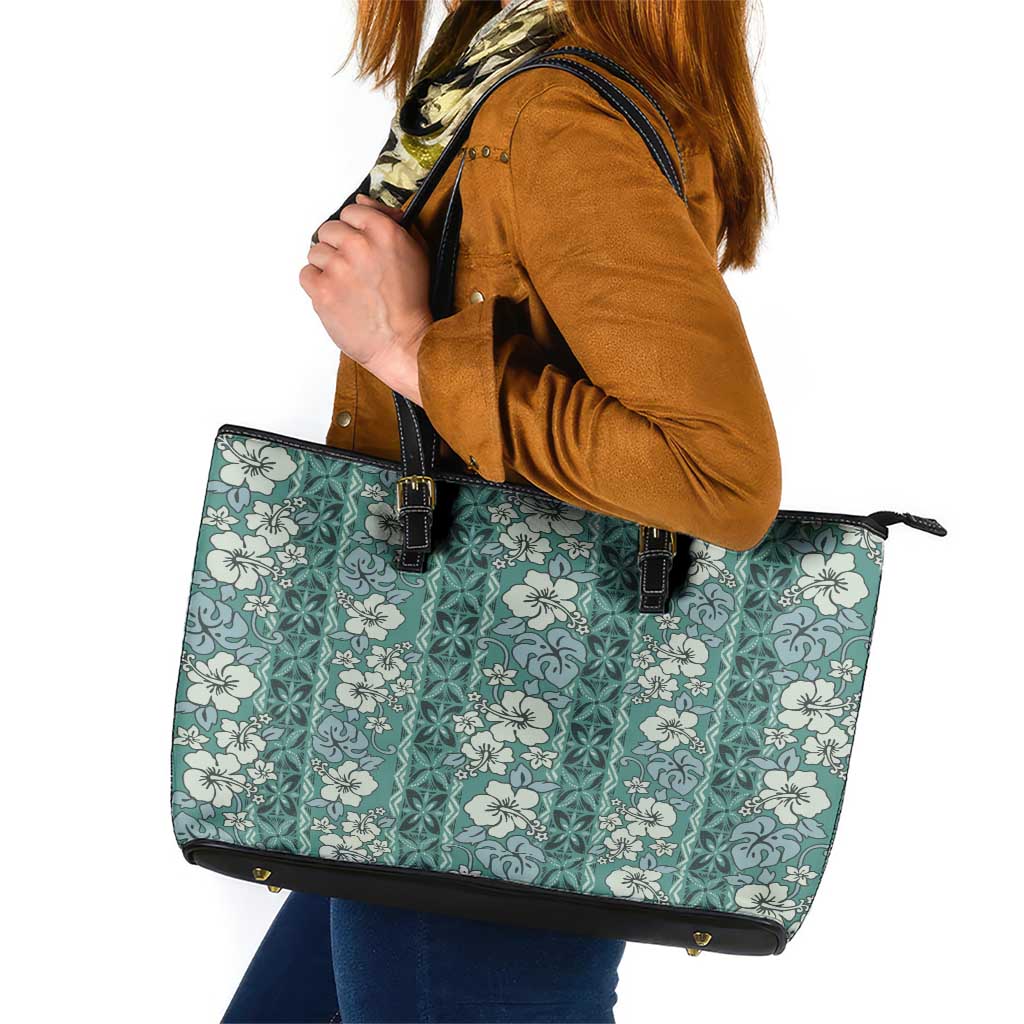 Hawaii Vintage Green Hibiscus Tapa Pattern Leather Tote Bag