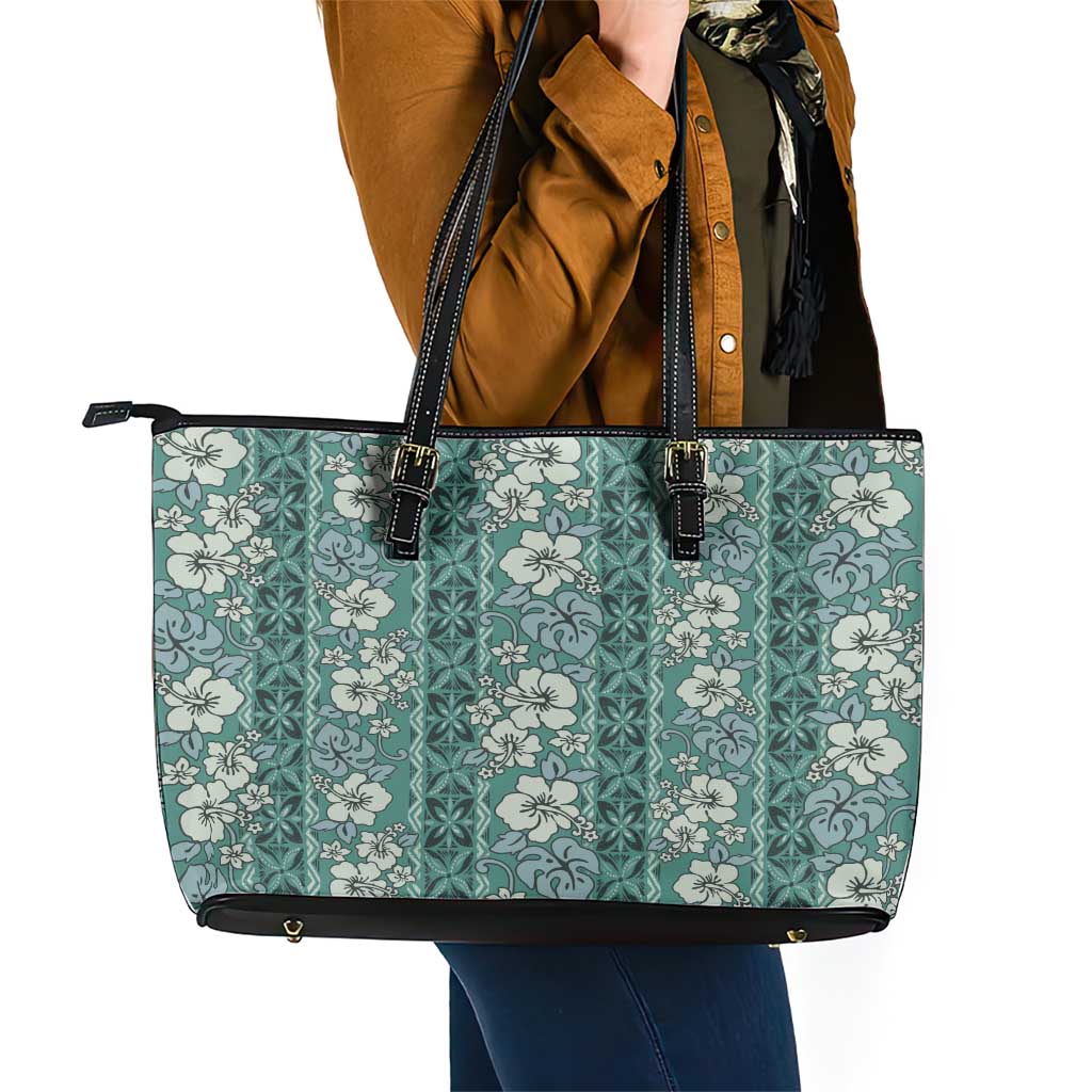Hawaii Vintage Green Hibiscus Tapa Pattern Leather Tote Bag LT05 - Polynesian Pride
