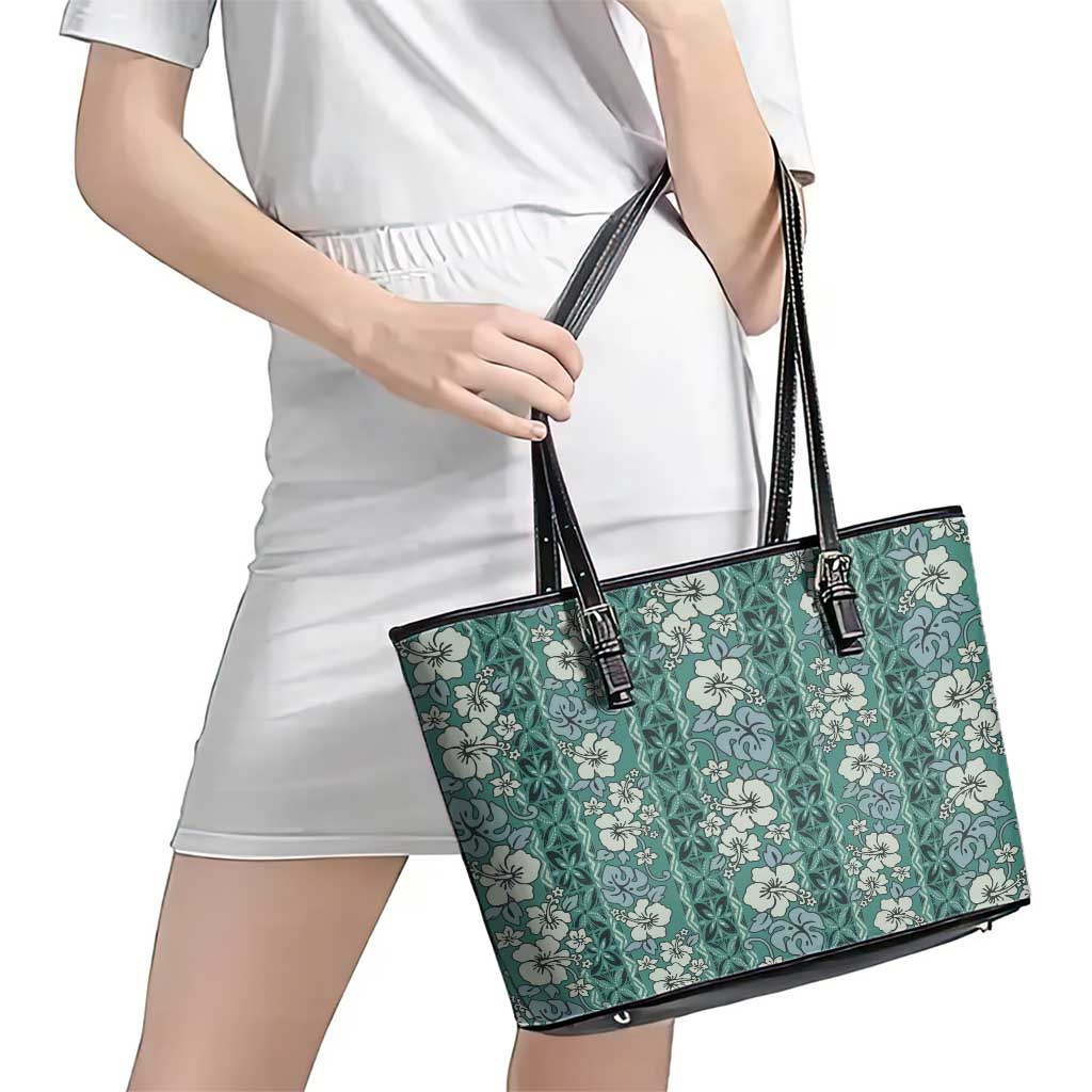 Hawaii Vintage Green Hibiscus Tapa Pattern Leather Tote Bag LT05 - Polynesian Pride