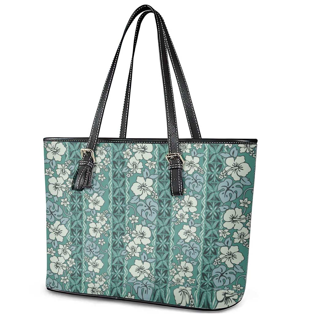 Hawaii Vintage Green Hibiscus Tapa Pattern Leather Tote Bag LT05 - Polynesian Pride