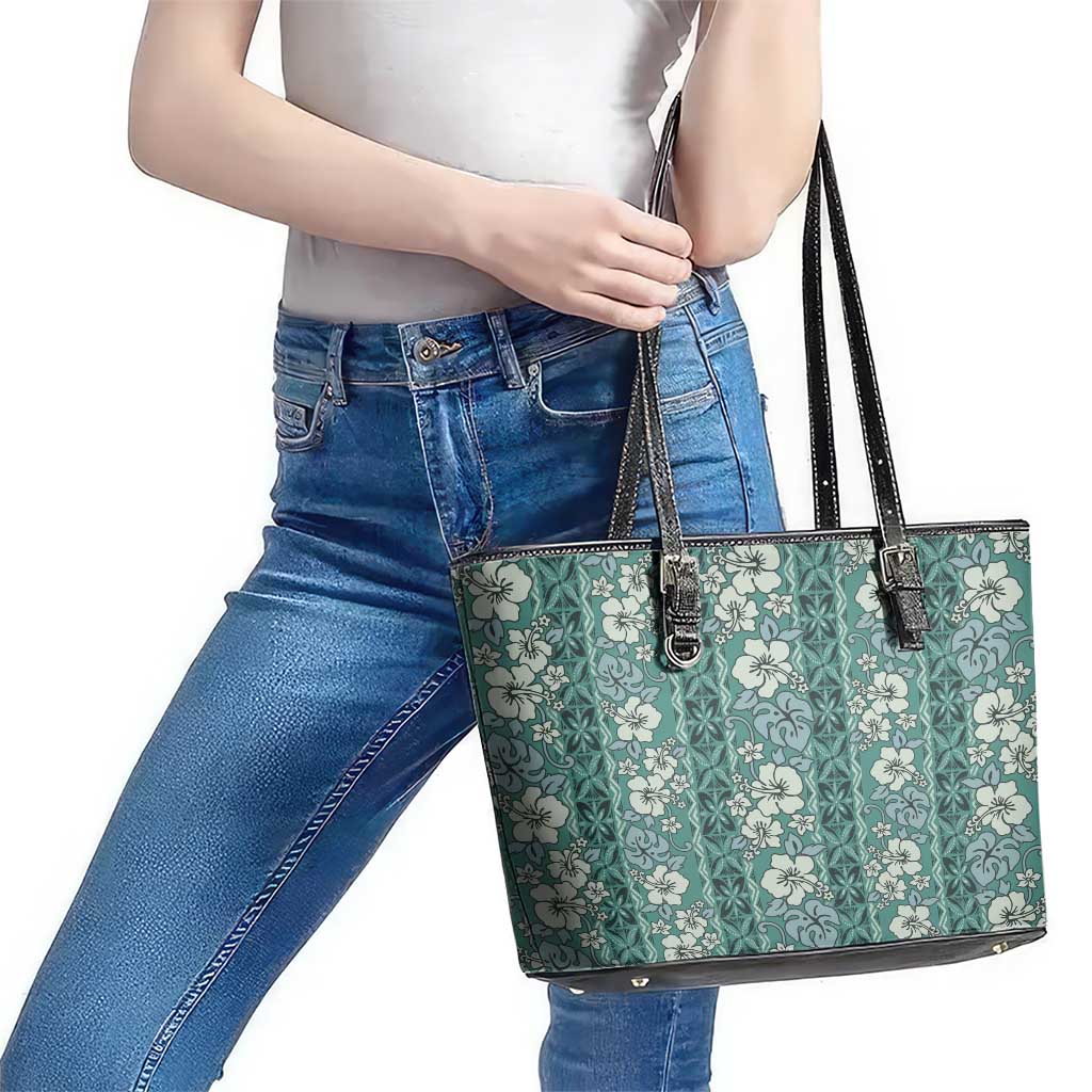 Hawaii Vintage Green Hibiscus Tapa Pattern Leather Tote Bag LT05 - Polynesian Pride