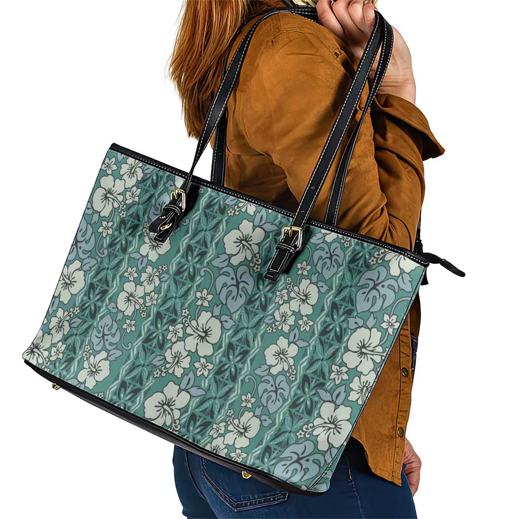Hawaii Vintage Green Hibiscus Tapa Pattern Leather Tote Bag LT05 - Polynesian Pride