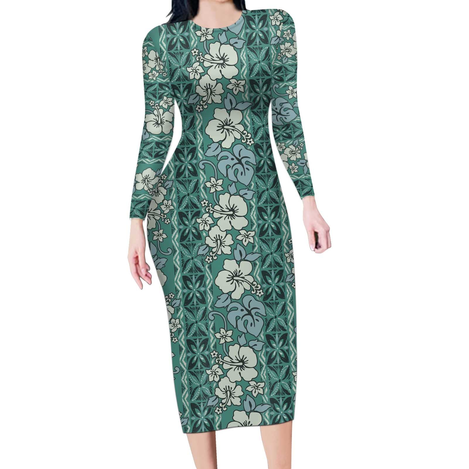 Hawaii Vintage Green Hibiscus Tapa Pattern Long Sleeve Bodycon Dress