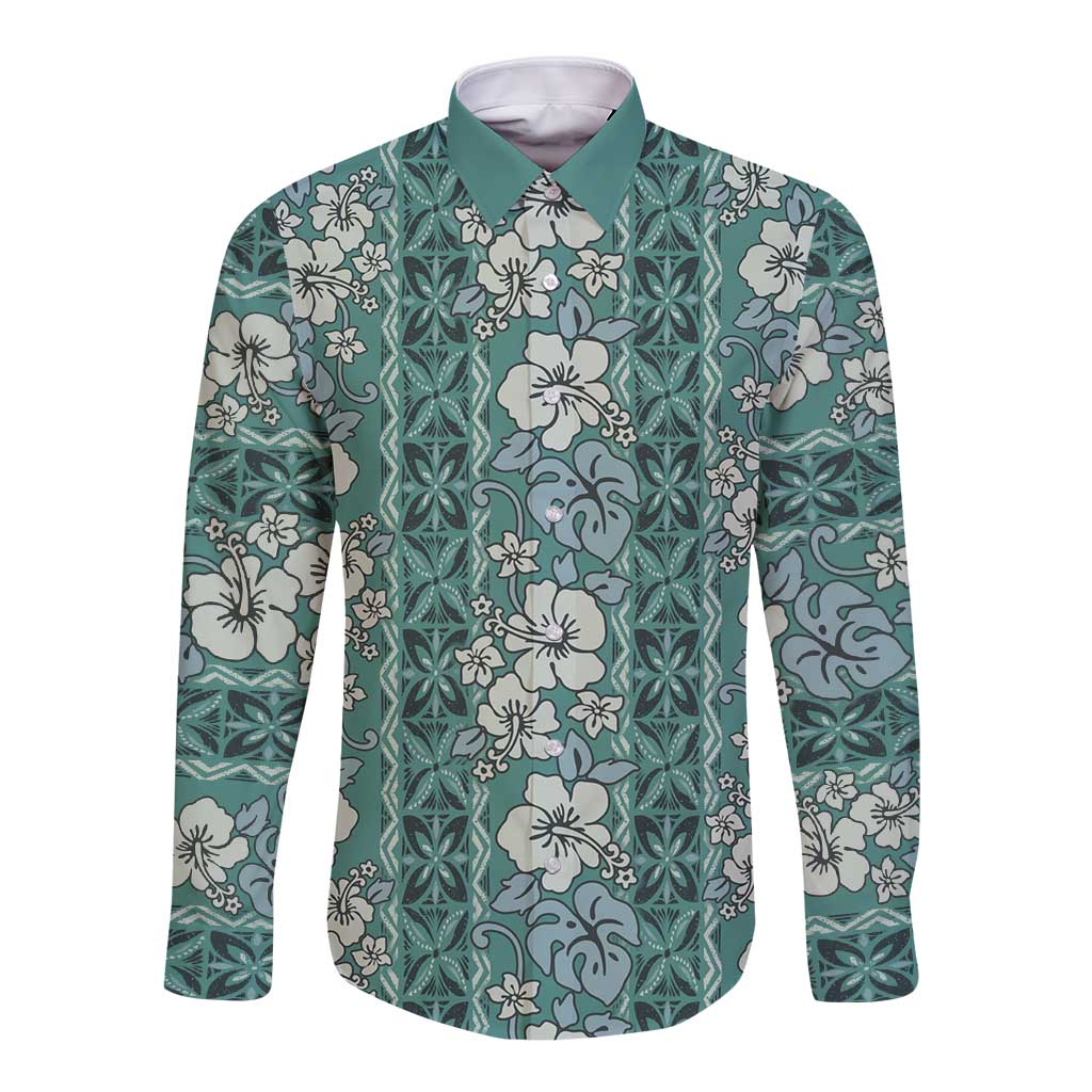 Hawaii Vintage Green Hibiscus Tapa Pattern Long Sleeve Button Shirt