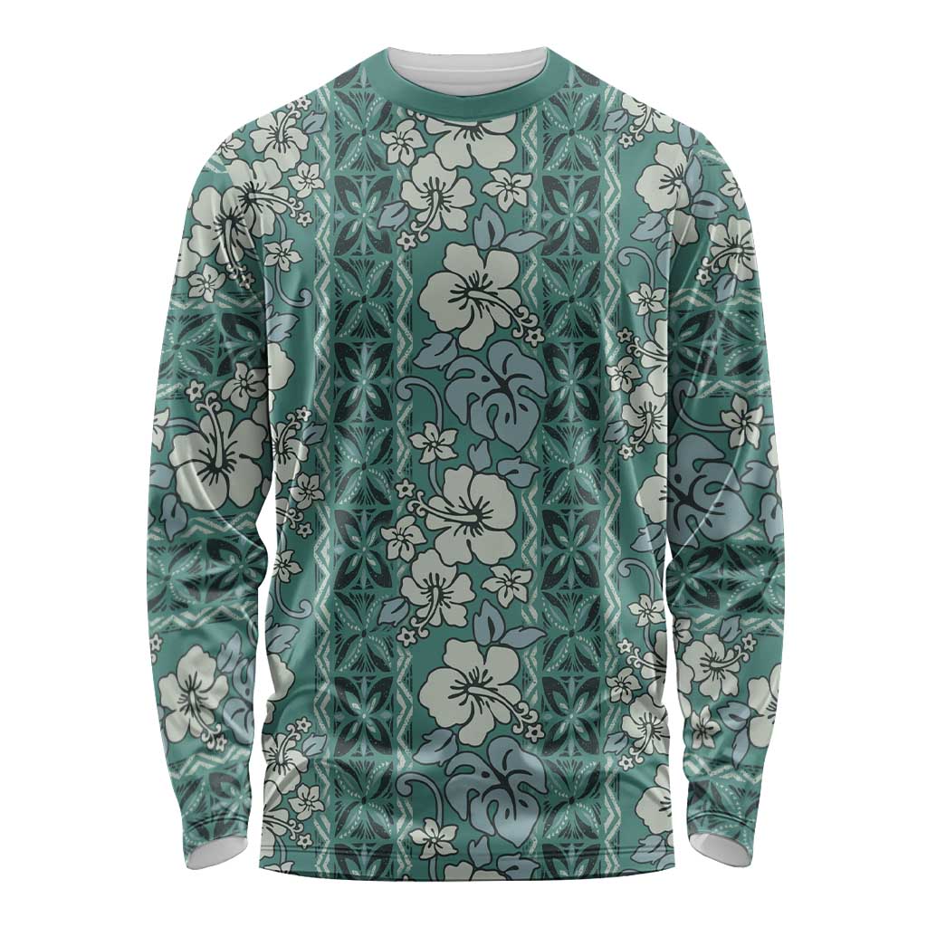 Hawaii Vintage Green Hibiscus Tapa Pattern Long Sleeve Shirt