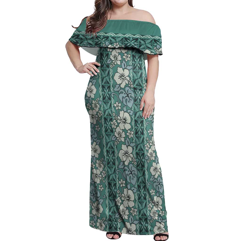 Hawaii Vintage Green Hibiscus Tapa Pattern Off Shoulder Maxi Dress LT05 Women Green - Polynesian Pride