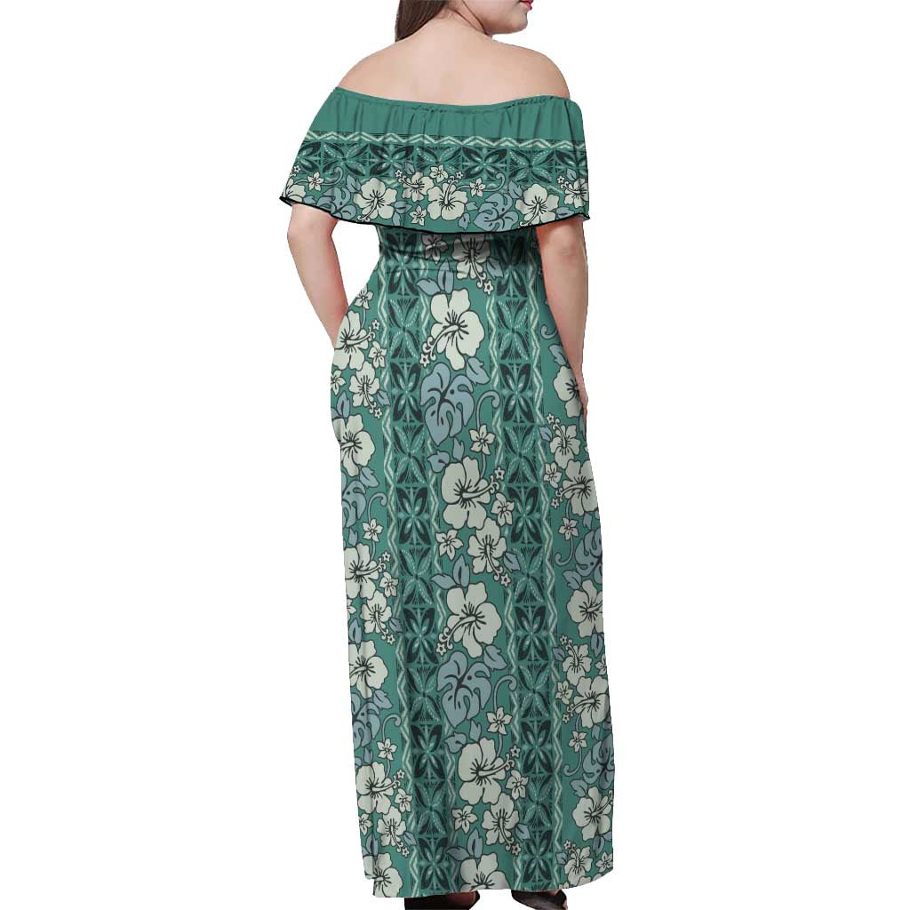 Hawaii Vintage Green Hibiscus Tapa Pattern Off Shoulder Maxi Dress LT05 - Polynesian Pride