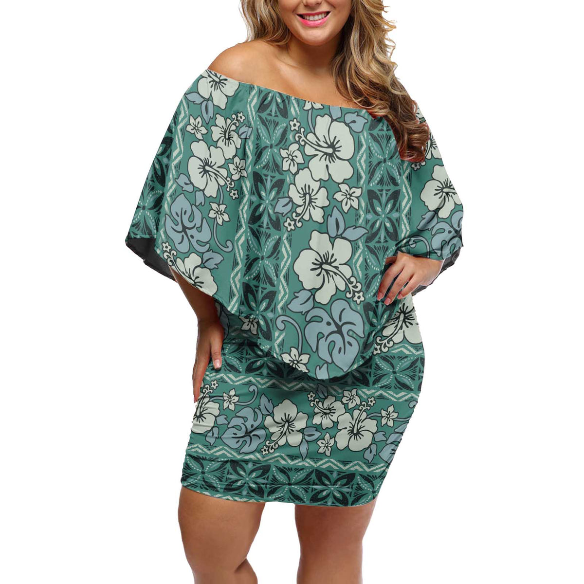 Hawaii Vintage Green Hibiscus Tapa Pattern Off Shoulder Short Dress LT05 Women Green - Polynesian Pride