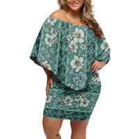 Hawaii Vintage Green Hibiscus Tapa Pattern Off Shoulder Short Dress LT05 Women Green - Polynesian Pride
