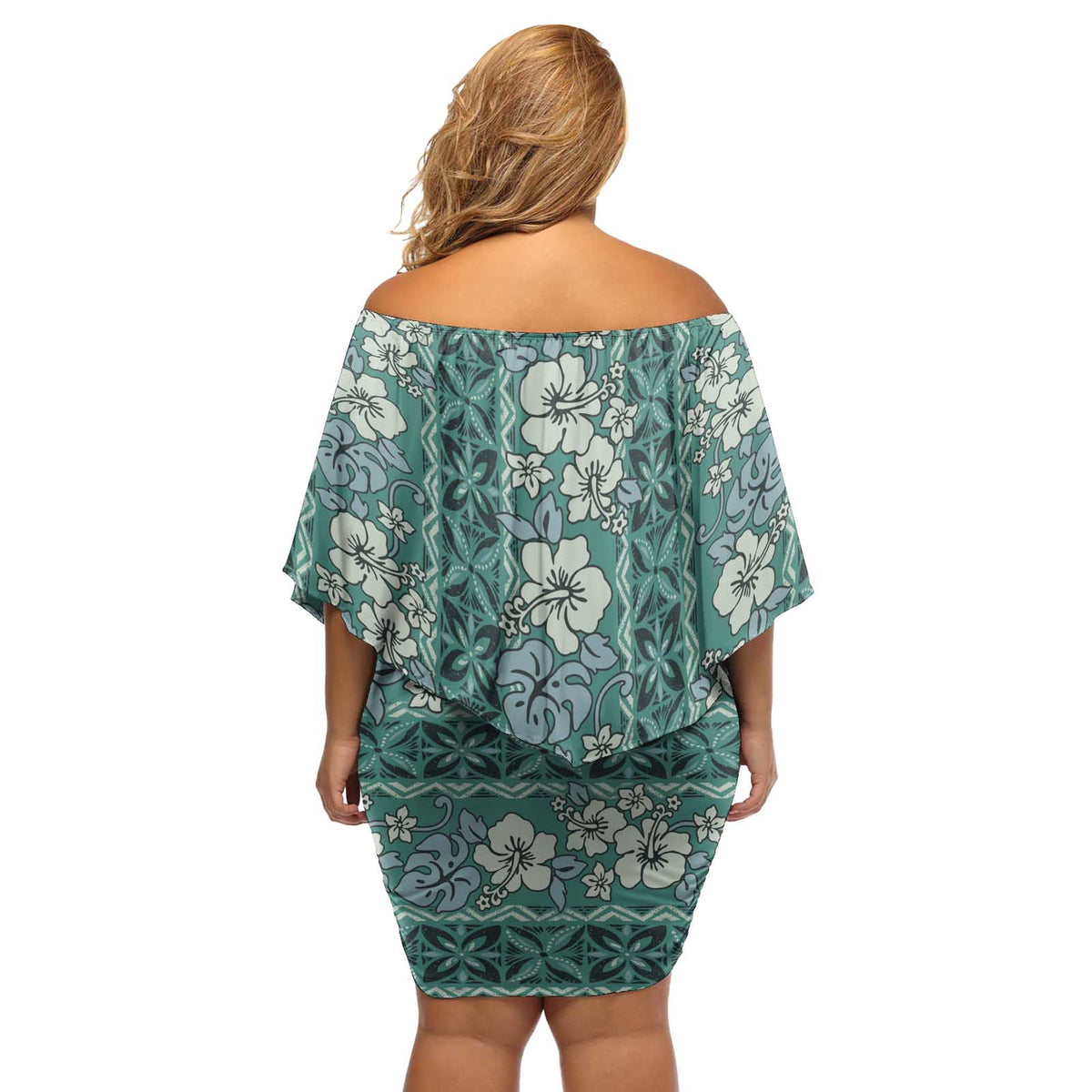 Hawaii Vintage Green Hibiscus Tapa Pattern Off Shoulder Short Dress LT05 - Polynesian Pride
