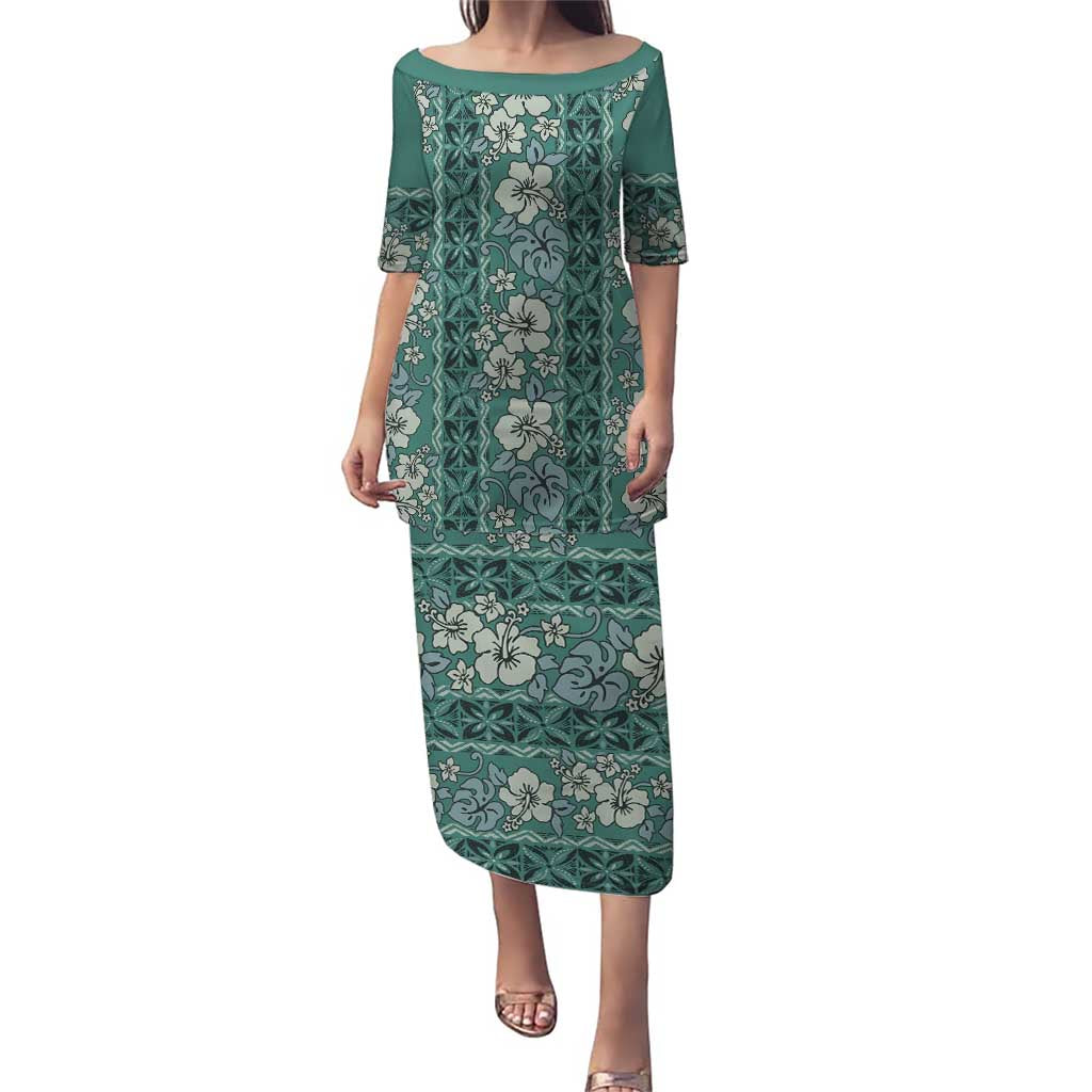Hawaii Vintage Green Hibiscus Tapa Pattern Puletasi LT05 Long Dress Green - Polynesian Pride
