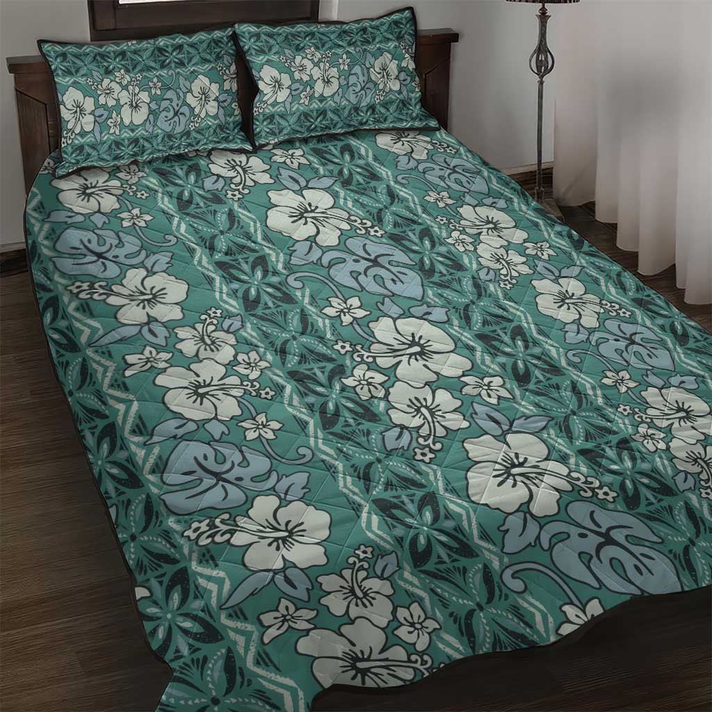 Hawaii Vintage Green Hibiscus Tapa Pattern Quilt Bed Set