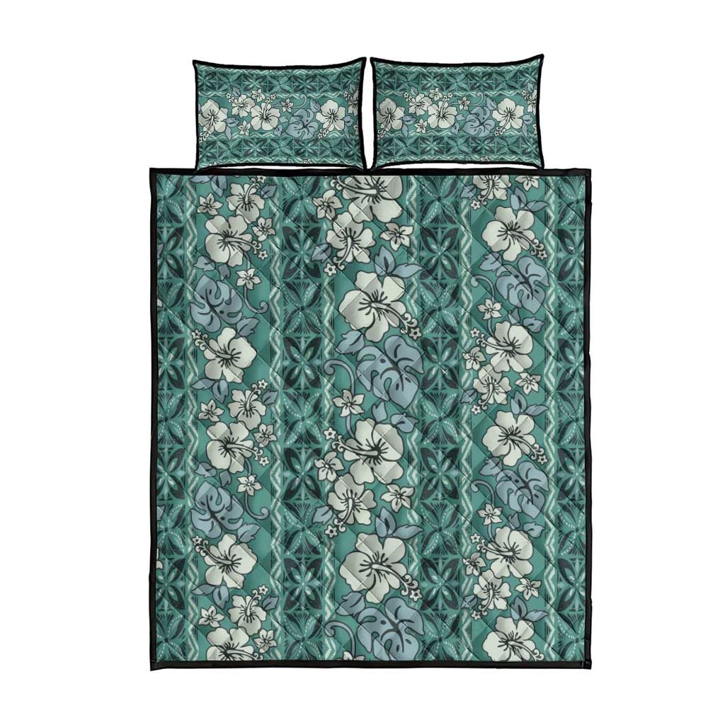 Hawaii Vintage Green Hibiscus Tapa Pattern Quilt Bed Set