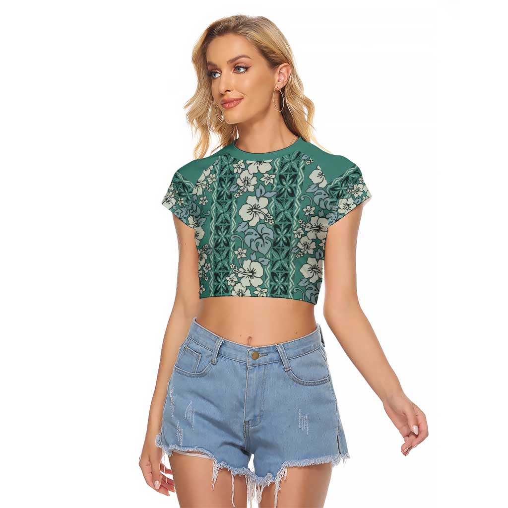 Hawaii Vintage Green Hibiscus Tapa Pattern Raglan Cropped T Shirt LT05 Female Green - Polynesian Pride