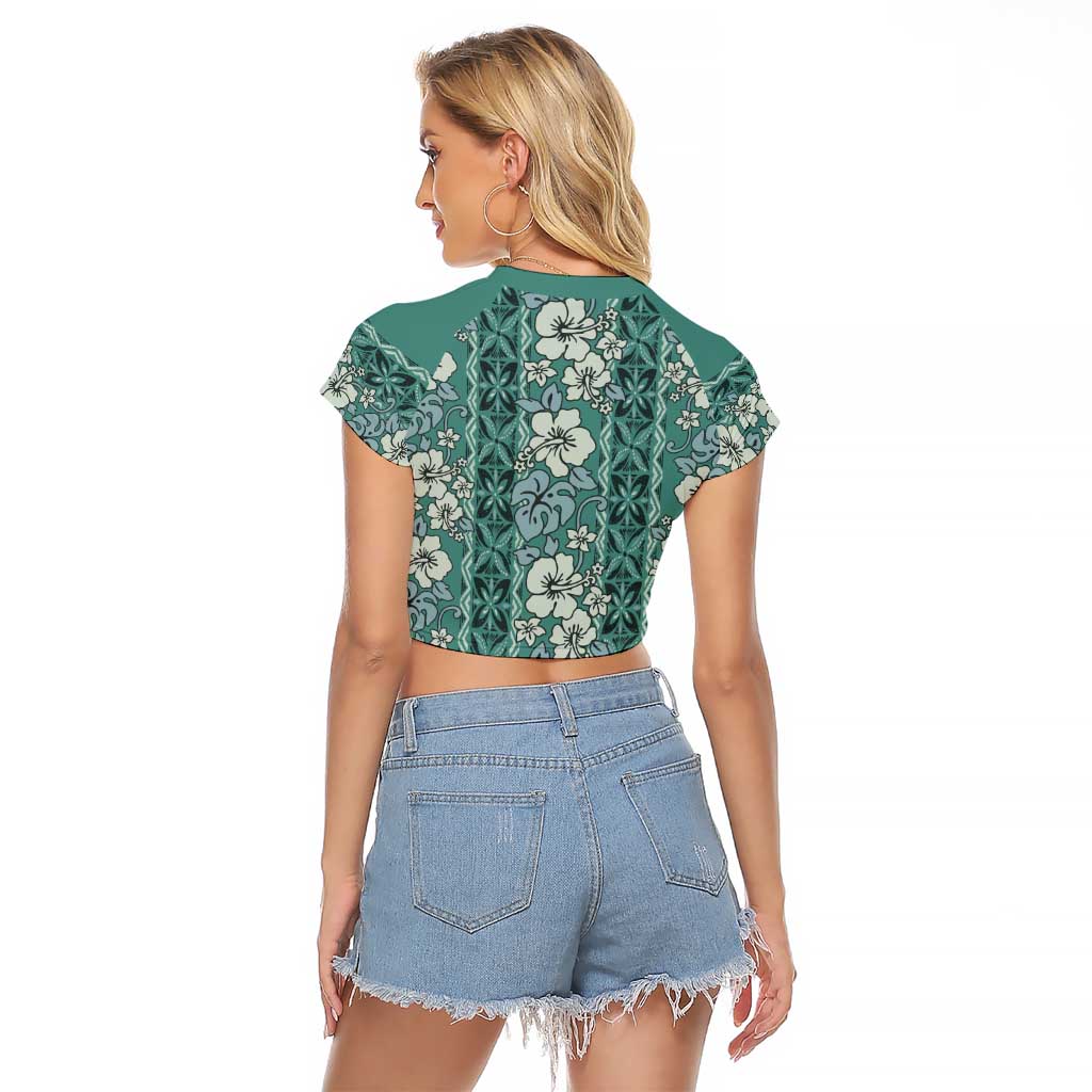 Hawaii Vintage Green Hibiscus Tapa Pattern Raglan Cropped T Shirt LT05 - Polynesian Pride