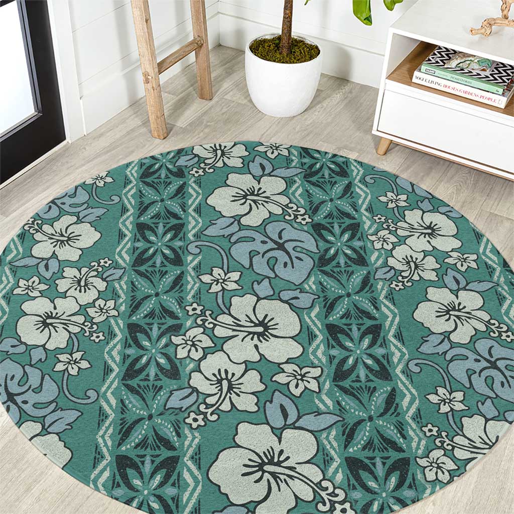 Hawaii Vintage Green Hibiscus Tapa Pattern Round Carpet