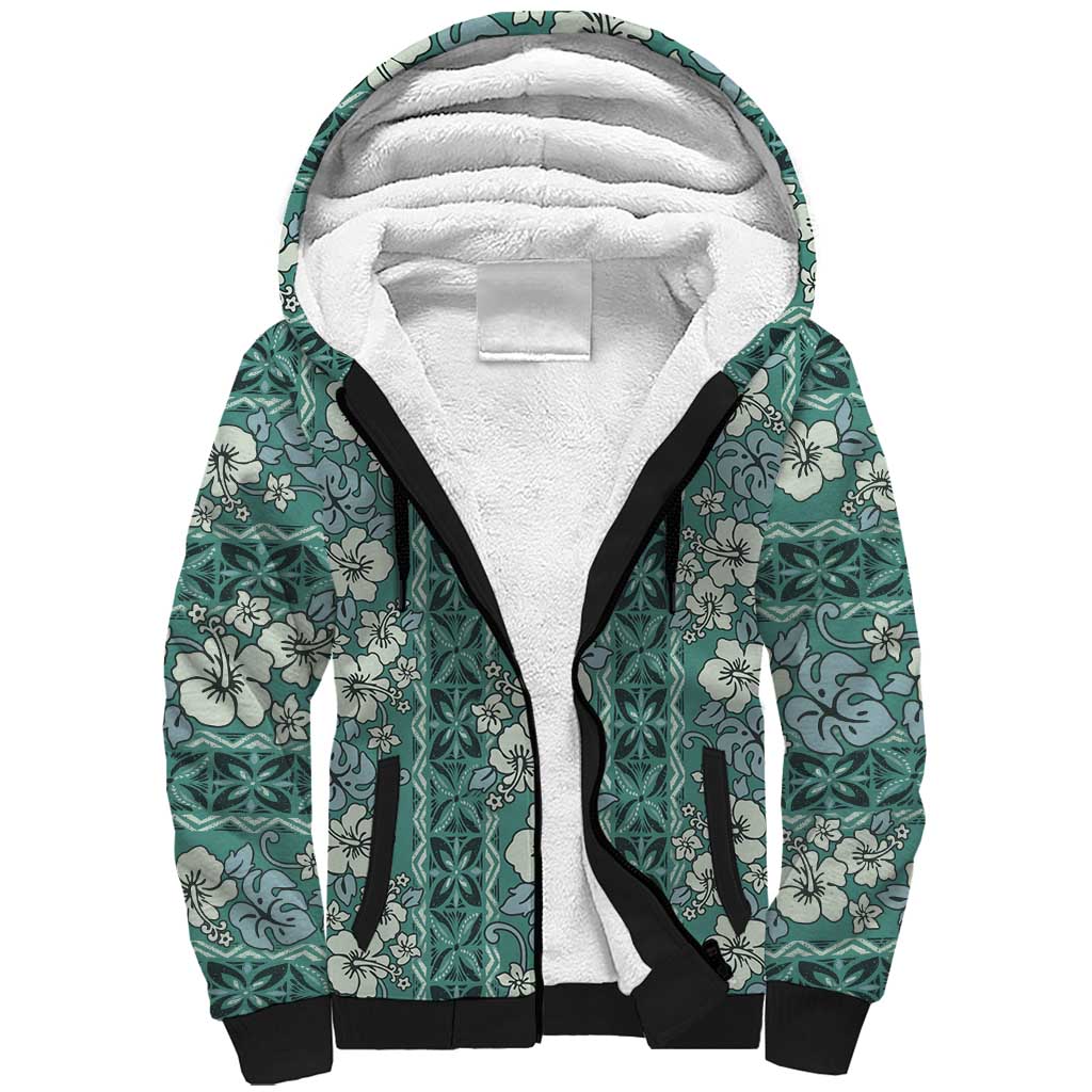 Hawaii Vintage Green Hibiscus Tapa Pattern Sherpa Hoodie LT05 Unisex Green - Polynesian Pride