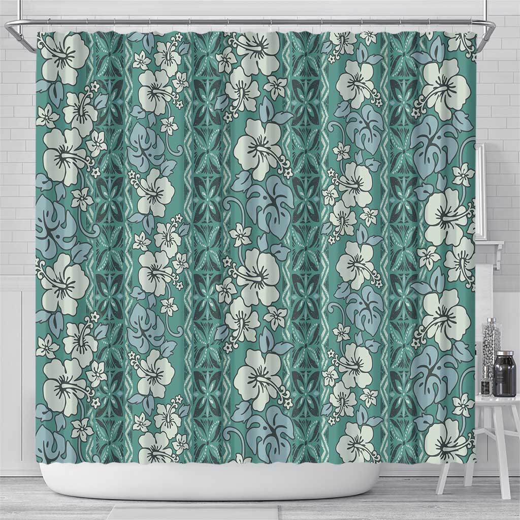 Hawaii Vintage Green Hibiscus Tapa Pattern Shower Curtain