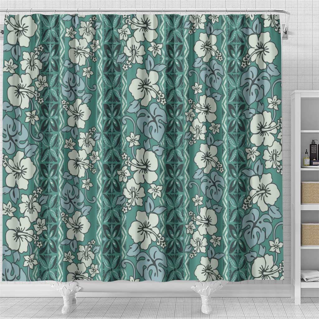 Hawaii Vintage Green Hibiscus Tapa Pattern Shower Curtain