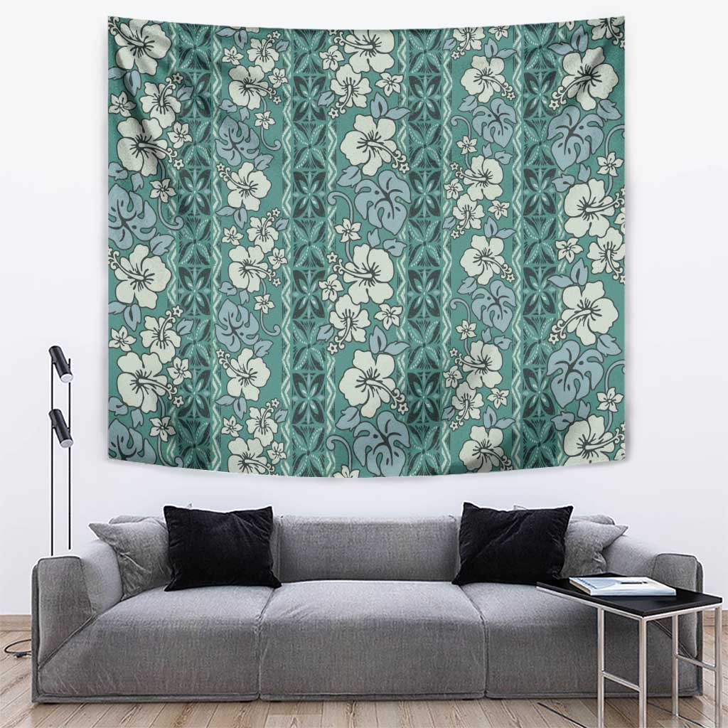 Hawaii Vintage Green Hibiscus Tapa Pattern Tapestry