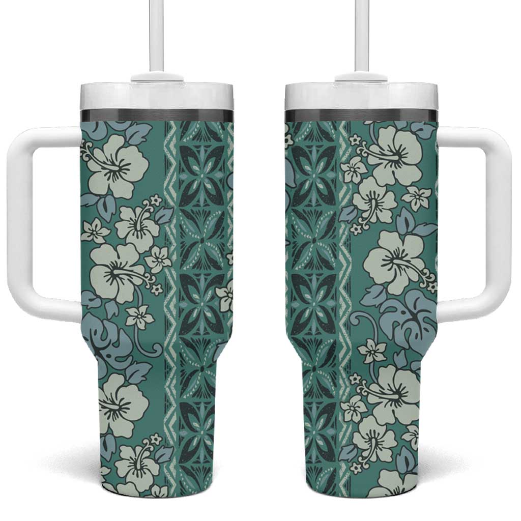 Hawaii Vintage Green Hibiscus Tapa Pattern Tumbler With Handle