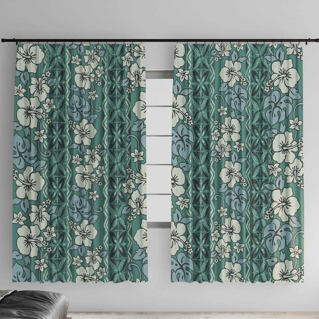 Hawaii Vintage Green Hibiscus Tapa Pattern Window Curtain LT05 With Hooks Green - Polynesian Pride