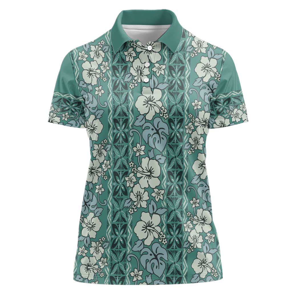 Hawaii Vintage Green Hibiscus Tapa Pattern Women Polo Shirt