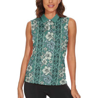 Hawaii Vintage Green Hibiscus Tapa Pattern Women Sleeveless Polo Shirt