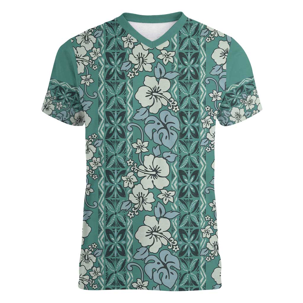 Hawaii Vintage Green Hibiscus Tapa Pattern Women V-Neck T-Shirt LT05 Female Green - Polynesian Pride