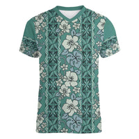 Hawaii Vintage Green Hibiscus Tapa Pattern Women V-Neck T-Shirt LT05 Female Green - Polynesian Pride