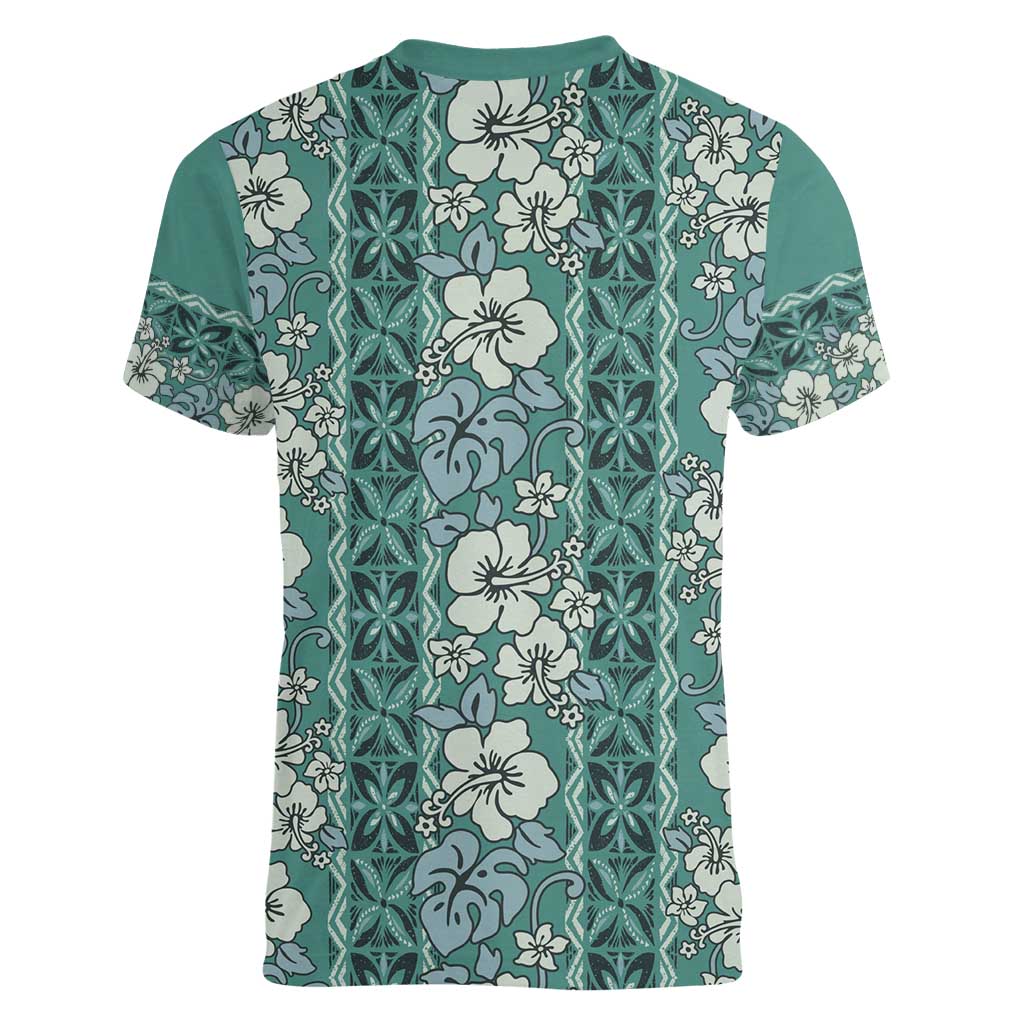 Hawaii Vintage Green Hibiscus Tapa Pattern Women V-Neck T-Shirt LT05 - Polynesian Pride