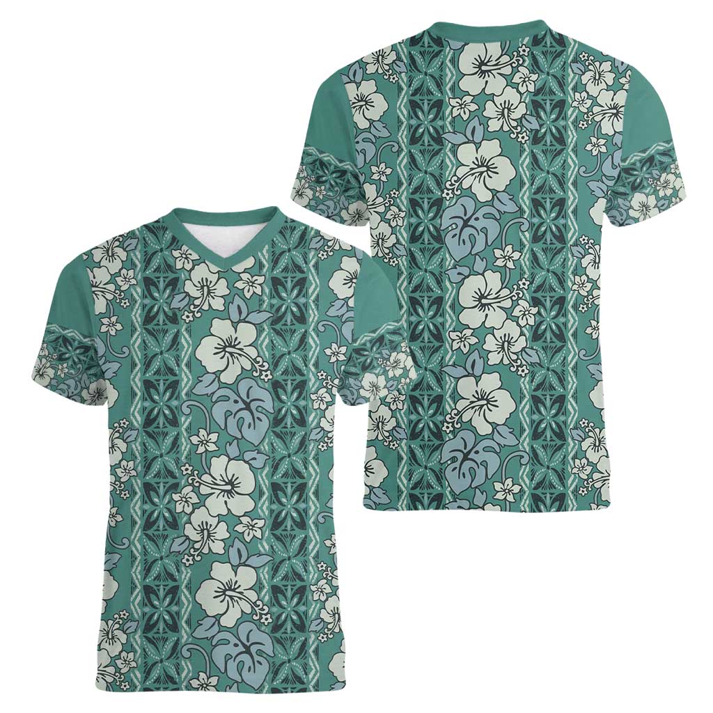 Hawaii Vintage Green Hibiscus Tapa Pattern Women V-Neck T-Shirt LT05 - Polynesian Pride
