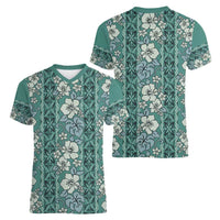 Hawaii Vintage Green Hibiscus Tapa Pattern Women V-Neck T-Shirt LT05 - Polynesian Pride