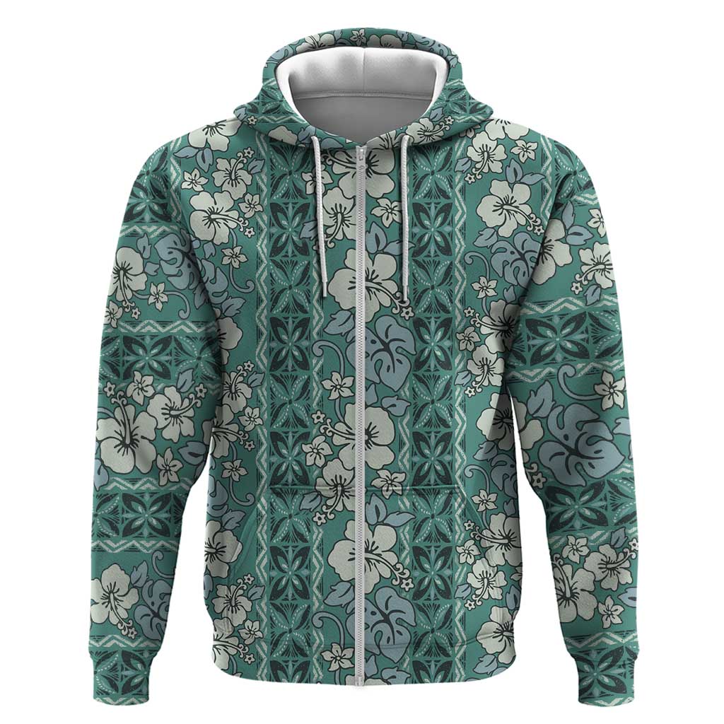 Hawaii Vintage Green Hibiscus Tapa Pattern Zip Hoodie