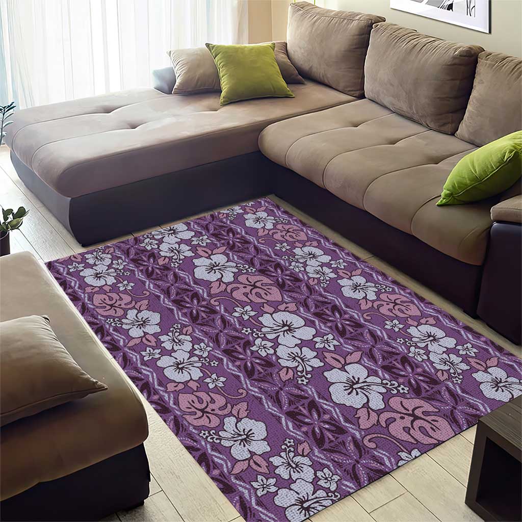 Hawaii Vintage Violet Hibiscus Tapa Pattern Area Rug