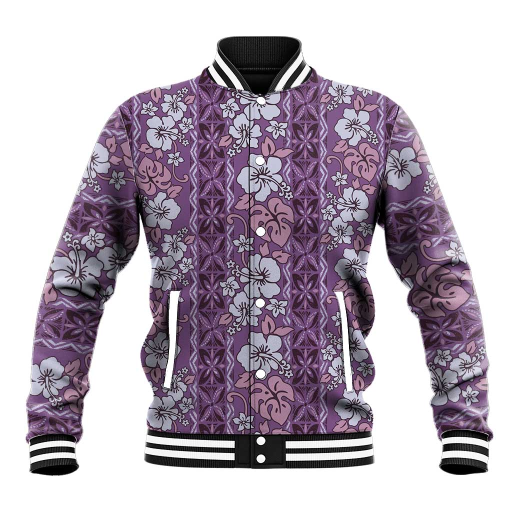Hawaii Vintage Violet Hibiscus Tapa Pattern Baseball Jacket LT05 Unisex Violet - Polynesian Pride