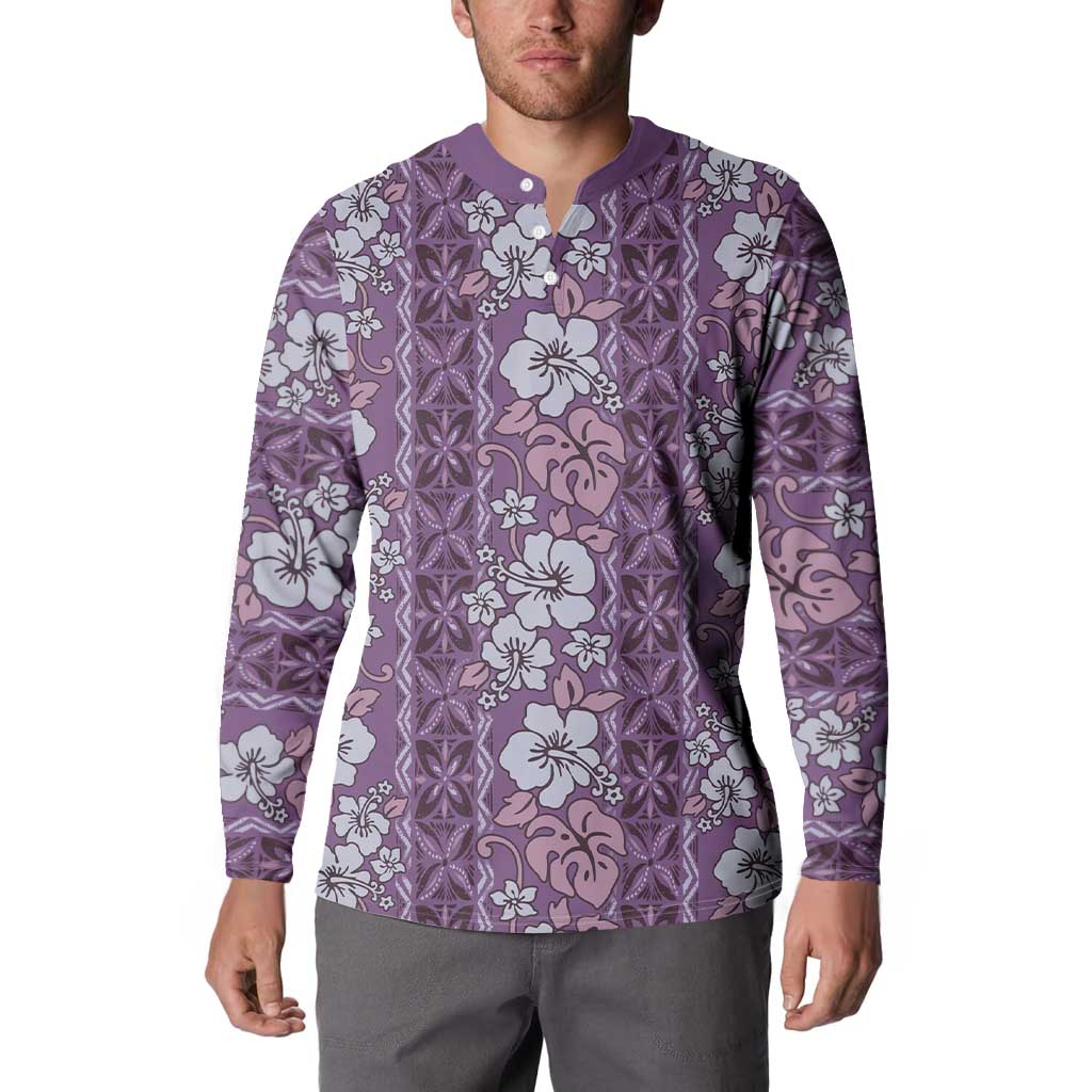 Hawaii Vintage Violet Hibiscus Tapa Pattern Button Sweatshirt LT05 - Polynesian Pride