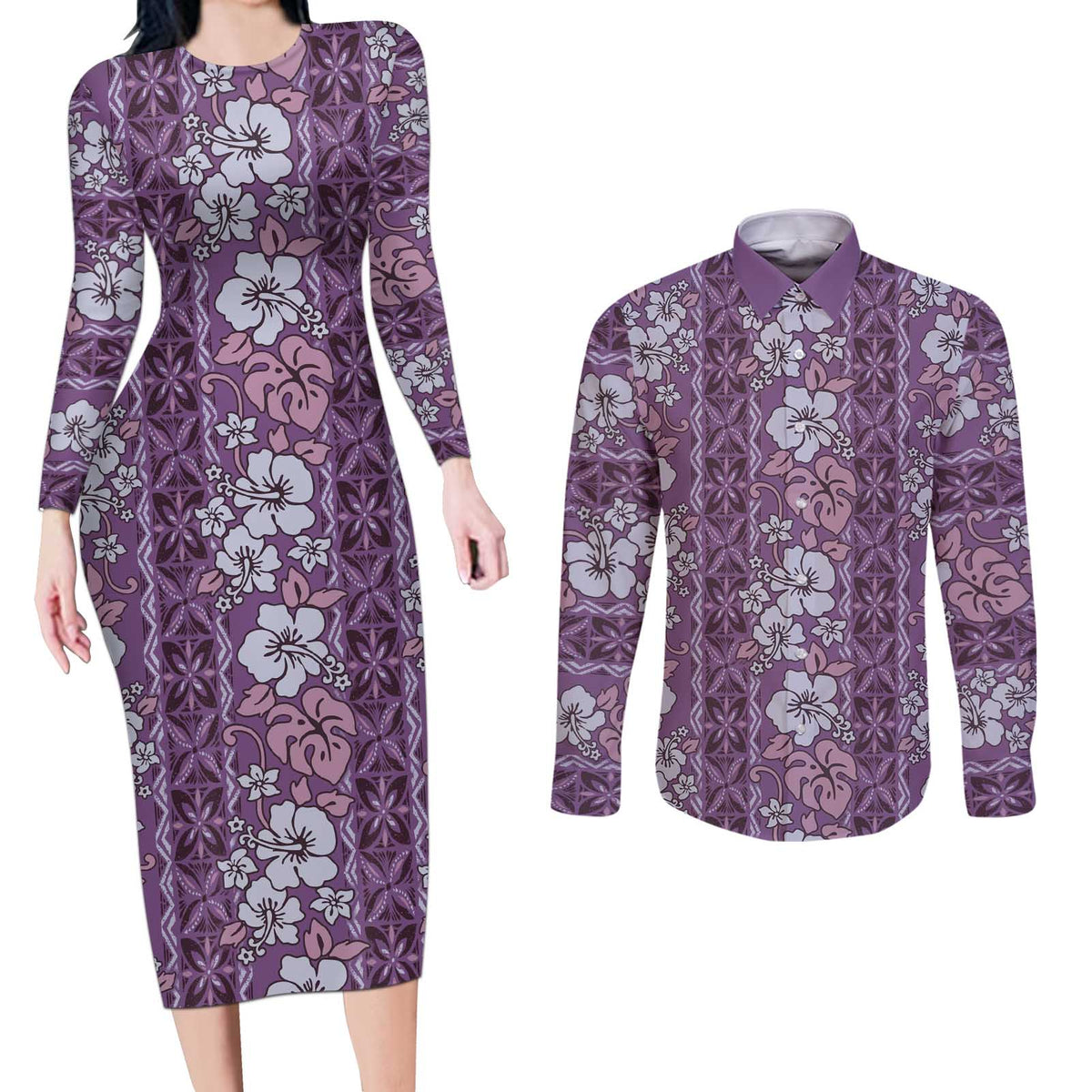 Hawaii Vintage Violet Hibiscus Tapa Pattern Couples Matching Long Sleeve Bodycon Dress and Long Sleeve Button Shirt LT05 Violet - Polynesian Pride