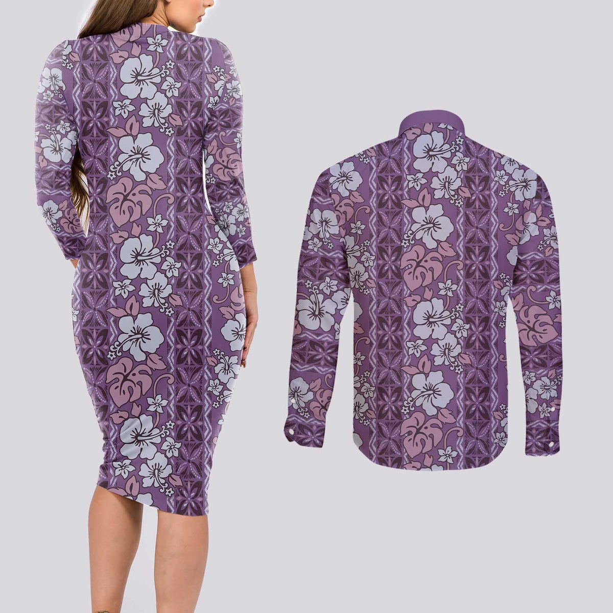 Hawaii Vintage Violet Hibiscus Tapa Pattern Couples Matching Long Sleeve Bodycon Dress and Long Sleeve Button Shirt LT05 - Polynesian Pride