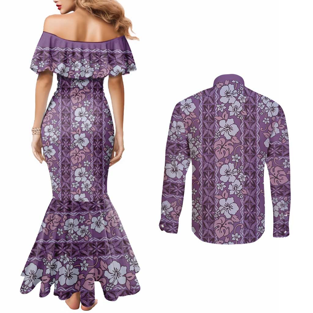 Hawaii Vintage Violet Hibiscus Tapa Pattern Couples Matching Mermaid Dress and Long Sleeve Button Shirt LT05 - Polynesian Pride